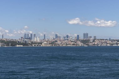 ISTANBUL, TURKEY - JULY 27, 2019: Panoramic view from Bosporus to European part of city of Istanbul, Turkey