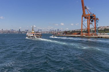 ISTANBUL, TURKEY - JULY 27, 2019: Panoramic view from Bosporus to Asian part of city of Istanbul, Turkey