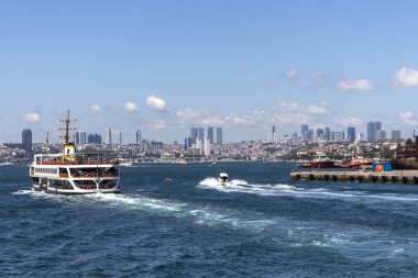 ISTANBUL, TURKEY - JULY 27, 2019: Panoramic view from Bosporus to Asian part of city of Istanbul, Turkey