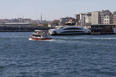 ISTANBUL, TURKEY - JULY 27, 2019: Panoramic view from Bosporus to European part of city of Istanbul, Turkey