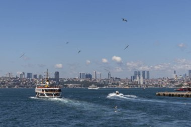 ISTANBUL, TURKEY - JULY 27, 2019: Panoramic view from Bosporus to Asian part of city of Istanbul, Turkey