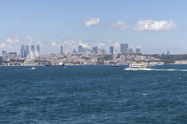 ISTANBUL, TURKEY - JULY 27, 2019: Panoramic view from Bosporus to European part of city of Istanbul, Turkey