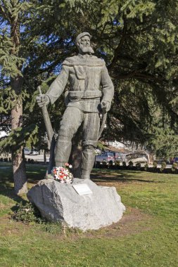MELNIK, BULGARIA - DECEMBER 31, 2019: Yane Sandanski monument at town of Melnik, Blagoevgrad region, Bulgaria