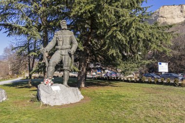 MELNIK, BULGARIA - DECEMBER 31, 2019: Yane Sandanski monument at town of Melnik, Blagoevgrad region, Bulgaria