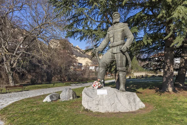 MELNIK, BULGARIA - DECEMBER 31, 2019: Yane Sandanski monument at town of Melnik, Blagoevgrad region, Bulgaria