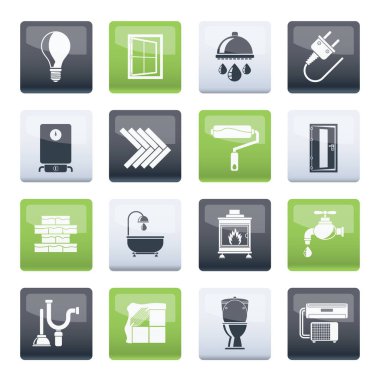 Renk arkaplanı üzerinde inşaat ve ev yenileme simgeleri - vektör simgesi seti