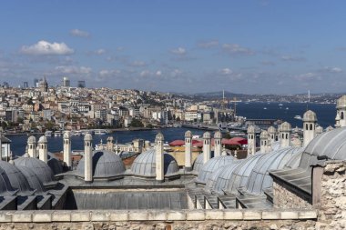 İSTANBUL, TURKEY - 27 Temmuz 2019: İmparatorluk Süleyman Camii 'nden İstanbul, Türkiye' ye panoramik manzara