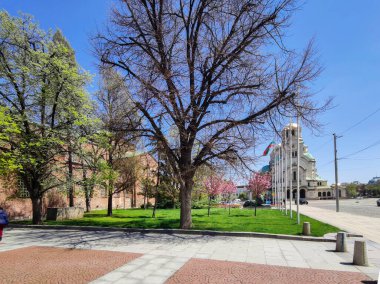 SOFYA, BULGARIA - 24 Nisan 2020: Bulgaristan 'ın Sofya kentindeki Katedral Aziz Alexander Nevski' nin muhteşem manzarası