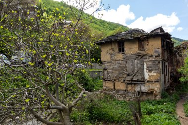 PIRIN, BULGARIA - 2 Mayıs 2014: Bulgaristan 'ın Blagoevgrad bölgesindeki Pirin köyünde 19. yüzyıldan kalma eski evler