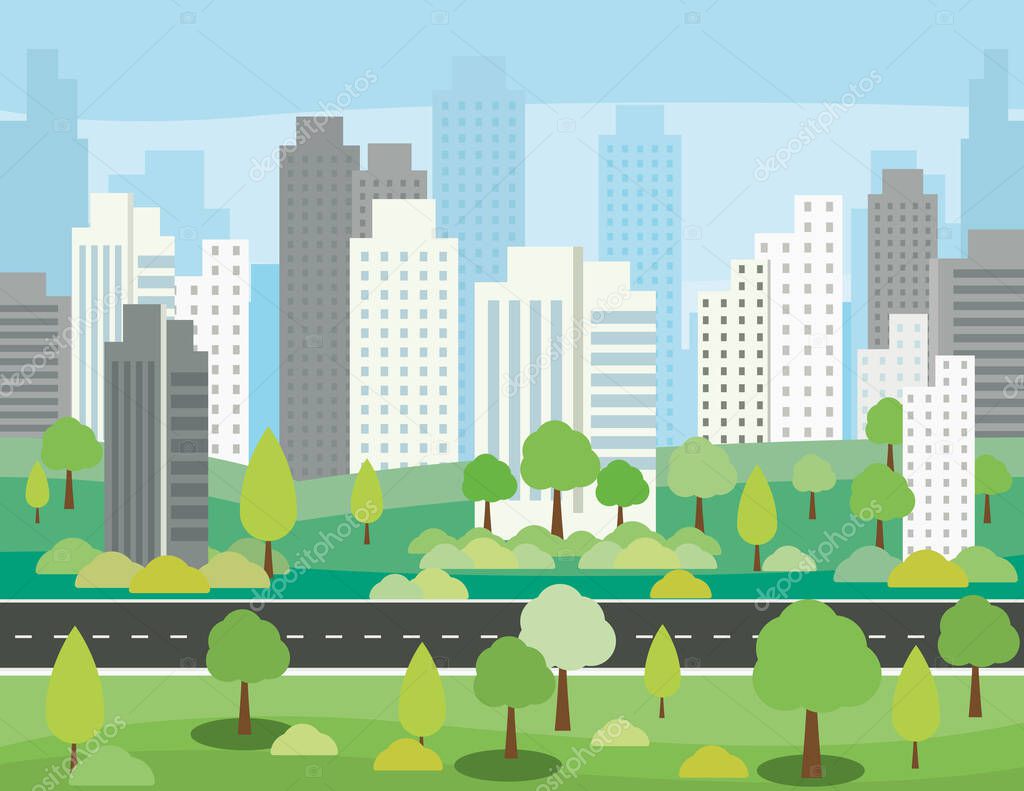 Flat design with business buildings and skyscrapers at background - vector illustration