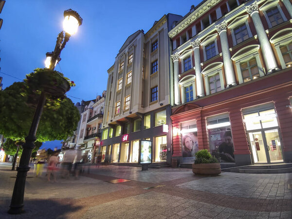 PLOVDIV, BULGARIA - MAY 18, 2020: Night view of central pedestrian street Knyaz Alexander I in city of Plovdiv, Bulgaria