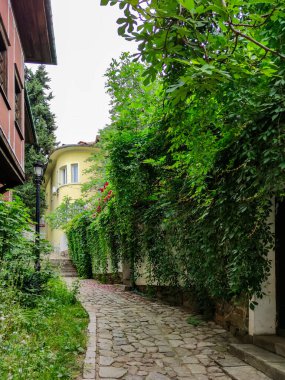 PLOVDIV, BULGARIA - 19 Mayıs 2020: Bulgaristan 'ın Plovdiv kentindeki eski şehir, mimari ve tarihi rezervlerde Sokak ve Dokuzuncu Yüzyıl Evleri