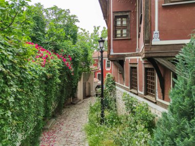PLOVDIV, BULGARIA - 19 Mayıs 2020: Bulgaristan 'ın Plovdiv kentindeki eski şehir, mimari ve tarihi rezervlerde Sokak ve Dokuzuncu Yüzyıl Evleri