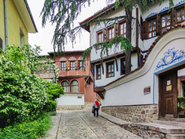 PLOVDIV, BULGARIA - 19 Mayıs 2020: Bulgaristan 'ın Plovdiv kentindeki eski şehir, mimari ve tarihi rezervlerde Sokak ve Dokuzuncu Yüzyıl Evleri