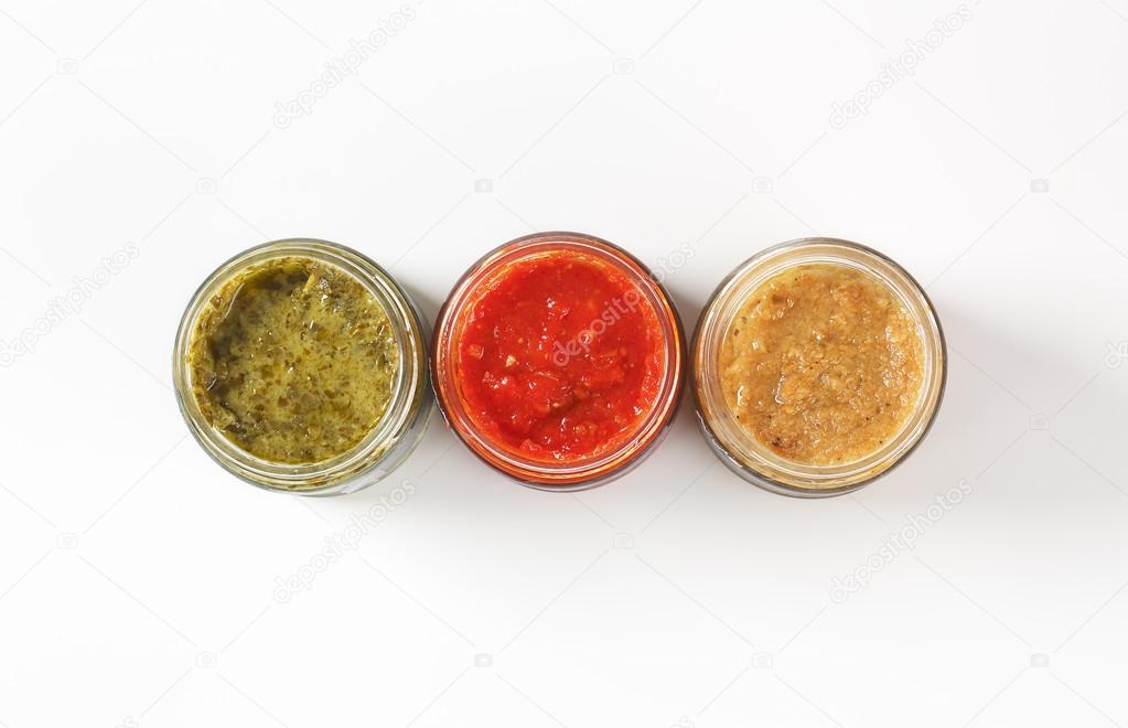 various dips or pesto sauces