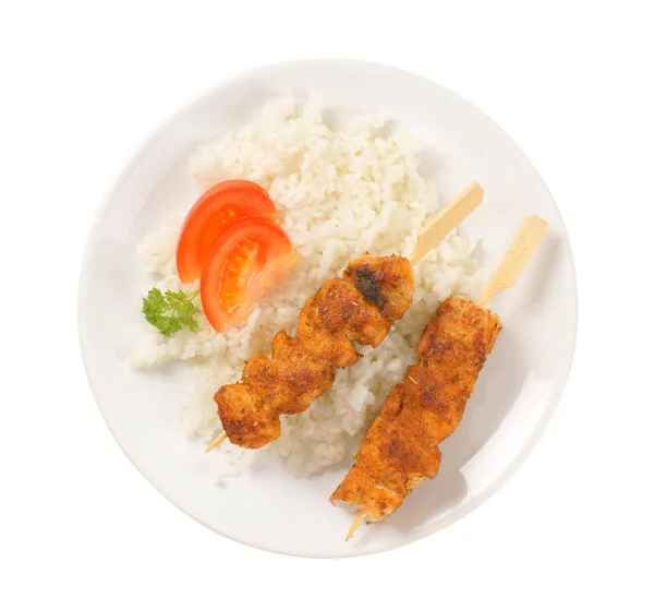 Spicy chicken souvlaki with rice — Stock Photo, Image