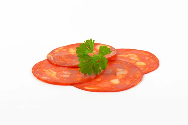 Plasterki chorizo salami — Zdjęcie stockowe