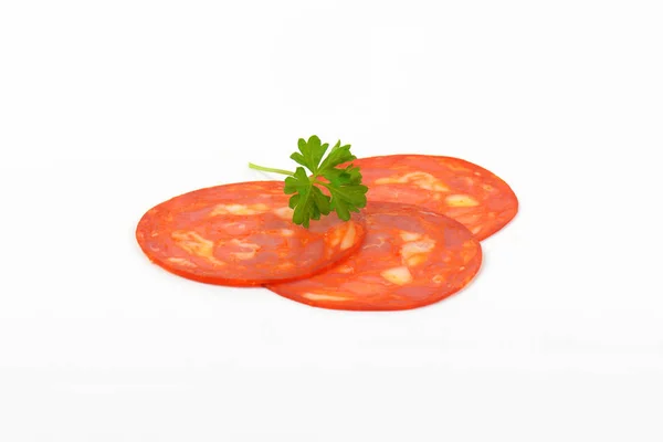 Plasterki chorizo salami — Zdjęcie stockowe