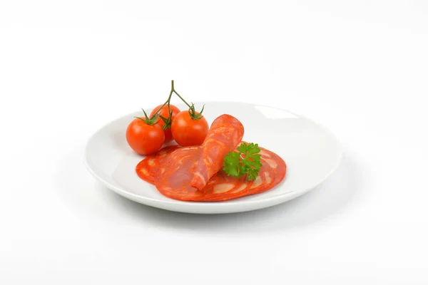 Chorizo salami dan tomat ceri — Stok Foto