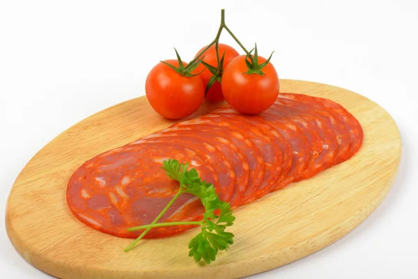 Chorizo szalámi, koktélparadicsommal — Stock Fotó