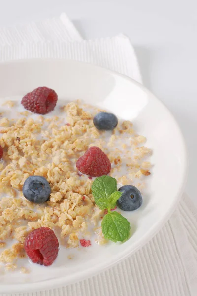Granola with milk and fruit — Stock Photo, Image