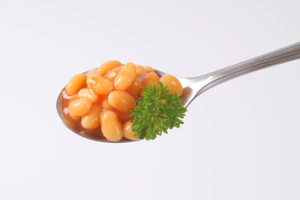 Łyżka z fasola w sosie pomidorowym — Zdjęcie stockowe