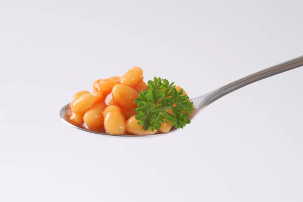 Colher de feijão em tomate — Fotografia de Stock