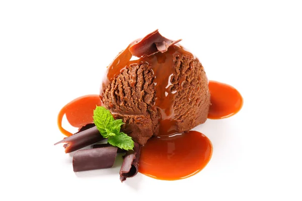 Chocolate ice cream with caramel syrup — Stock Photo, Image