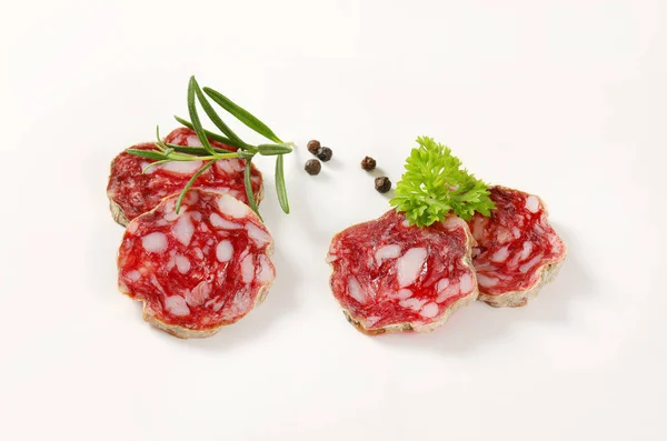 Fatias de salame curado a seco francês com especiarias — Fotografia de Stock