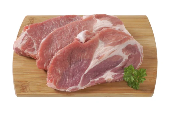 Beyaz tabak biftekpişmemiş domuz biftek — Stok fotoğraf