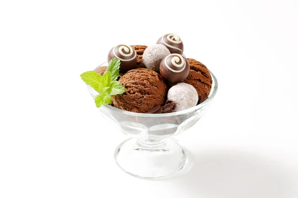 Chocolate ice cream and truffles in a coupe — Stock Photo, Image