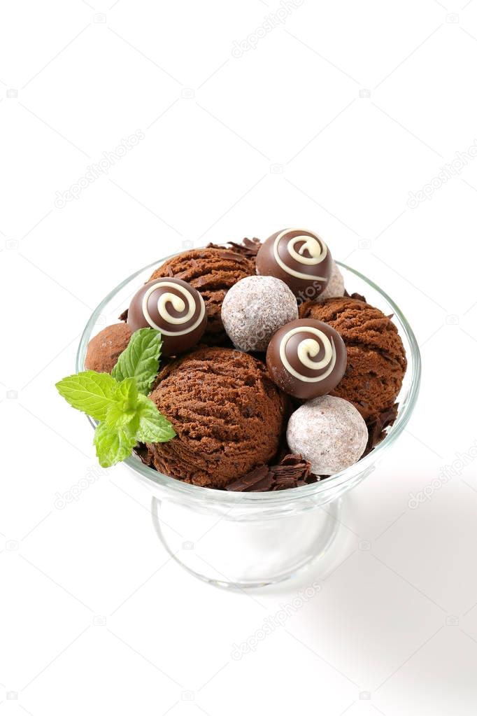 Chocolate ice cream and truffles in a coupe