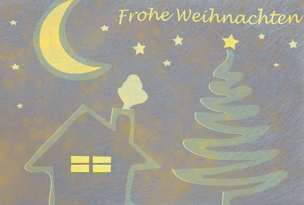 Abstraktní vánoční strom, dům a měsíc, Vánoční přání — Stock fotografie