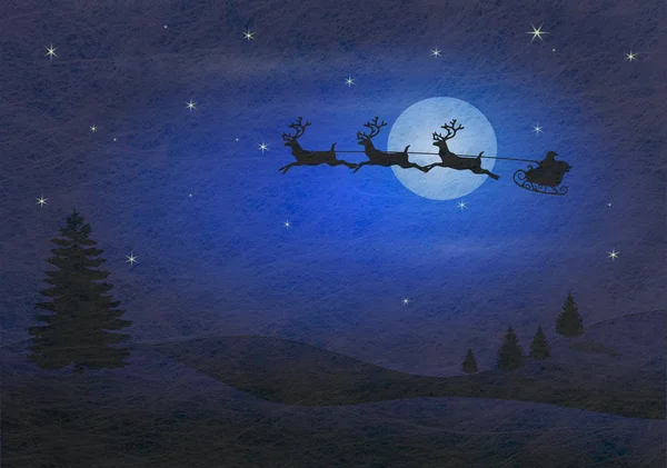 纤维织物和闪光膜和驯鹿和雪橇，圣诞贺卡 — 图库照片