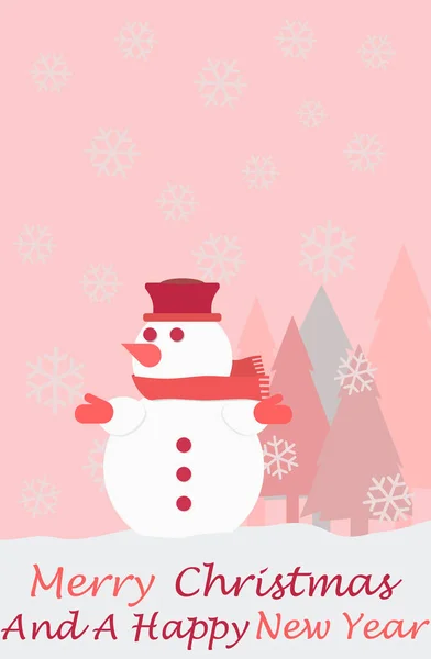 Snögubbe julgran snöflingor och orden god jul och ett gott nytt år — Stockfoto