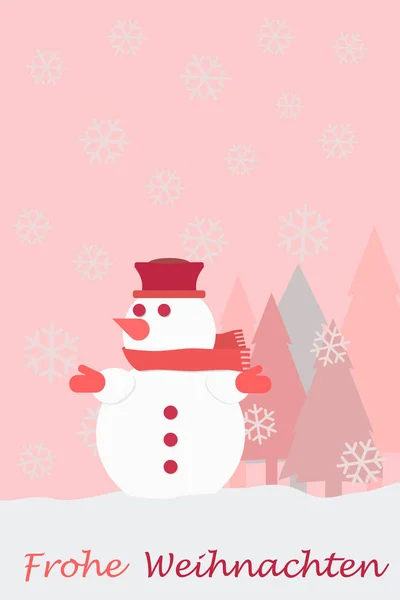 Snögubbe julgran snöflingor och tyska orden om god jul, julkort — Stockfoto