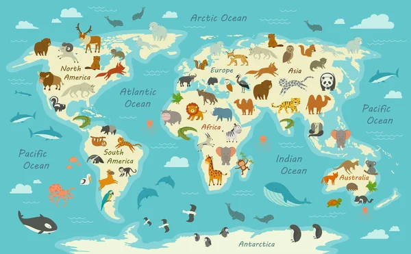 Mappa del mondo vettoriale con animali — Vettoriale Stock