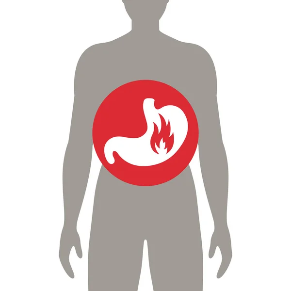 Estómago vectorial con fuego. Icono de acidez estomacal . — Archivo Imágenes Vectoriales