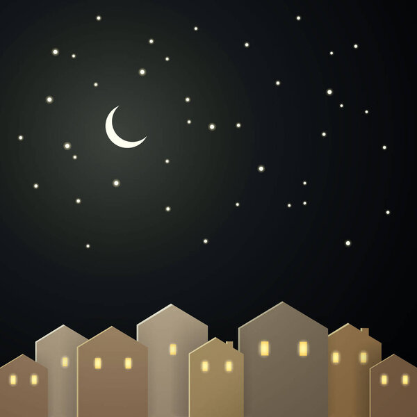 Vector City at Night with Stars and a Moon