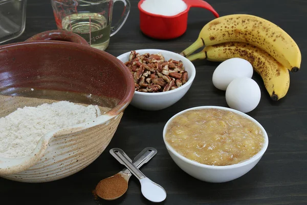 Ingredienti Tavola Pronti Cuocere Pane Alla Banana Macro Vista Vicino — Foto Stock