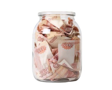 Rus banknot (beş bin Rublesi notlar) cam kavanozda