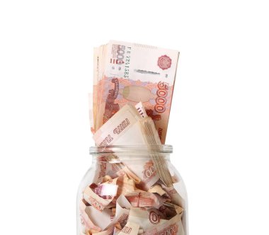 Rus banknot (beş bin Rublesi notlar) cam kavanozda