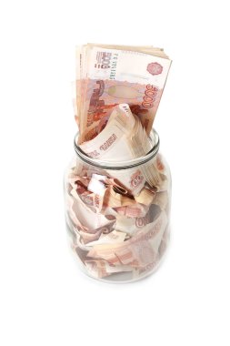 Rus banknot (beş bin Rublesi notlar) cam kavanozda