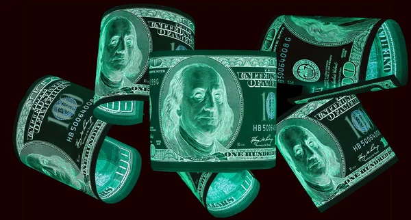 Hundert-Dollar-Scheine (Banknoten) in Nahaufnahme, US-Währungen-- im UV-Lichtschutz — Stockfoto