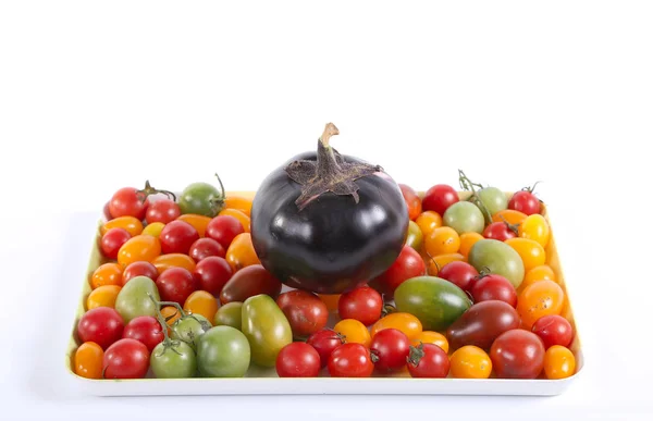 Martwa natura z różnych kolorów pomidory i oberżyny — Zdjęcie stockowe
