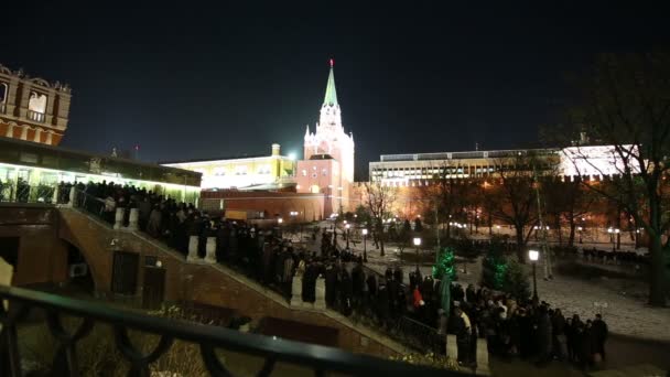 МОСКВА, РОССИЯ - 22 ноября 2016 года: Очередь в Кремле ночью, Москва, Россия. Всемирное наследие ЮНЕСКО — стоковое видео