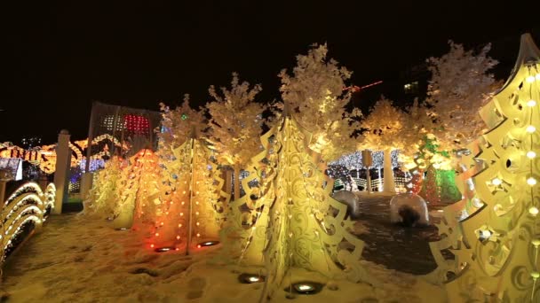 Noche de Navidad Moscú --- Bosque de música en la Plaza Pushkin (Festival "Viaje a la Navidad"), Rusia — Vídeos de Stock