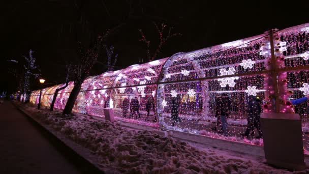 Noite de Natal Moscou- O túnel de luz em Tverskoy Boulevard, Rússia — Vídeo de Stock