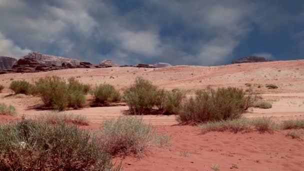 Deșertul Wadi Rum, Iordania, Orientul Mijlociu, cunoscut și sub numele de Valea Lunii, este o vale tăiată în piatra de nisip și piatra de granit din sudul Iordaniei, la 60 km est de Aqaba. — Videoclip de stoc