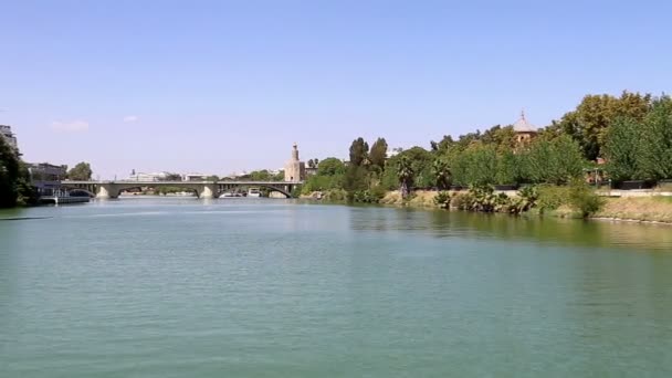 Torre del Oro nebo Golden Tower (13. století) přes Guadalquivir řeka, Sevilla, Andalusie, jižní Španělsko — Stock video